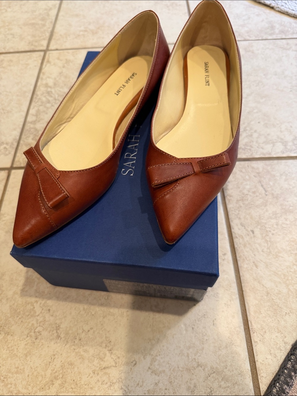 Sarah Flint Chestnut Leather Pointed-Toe Flats with Bow Accent